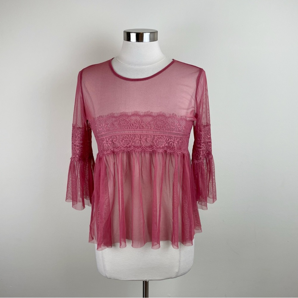 Ups And Downs Pink Tulle Mesh Sheer Bohemian Floral Blouse Top Women Small